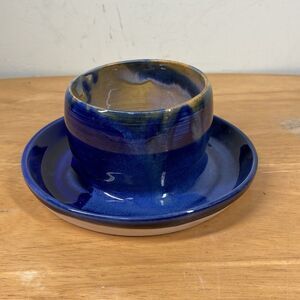 Studio Art Pottery Vessel Bowl Attached Under Plate Saucer Blue 2.5 x 5.5” 2009